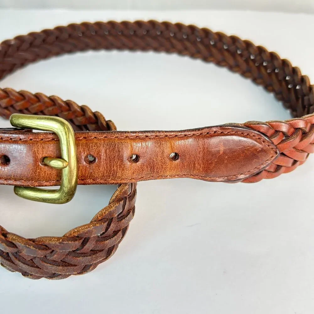 Men's Brown Leather Braided Woven Solid Brass Buckle Vintage Belt Size 38